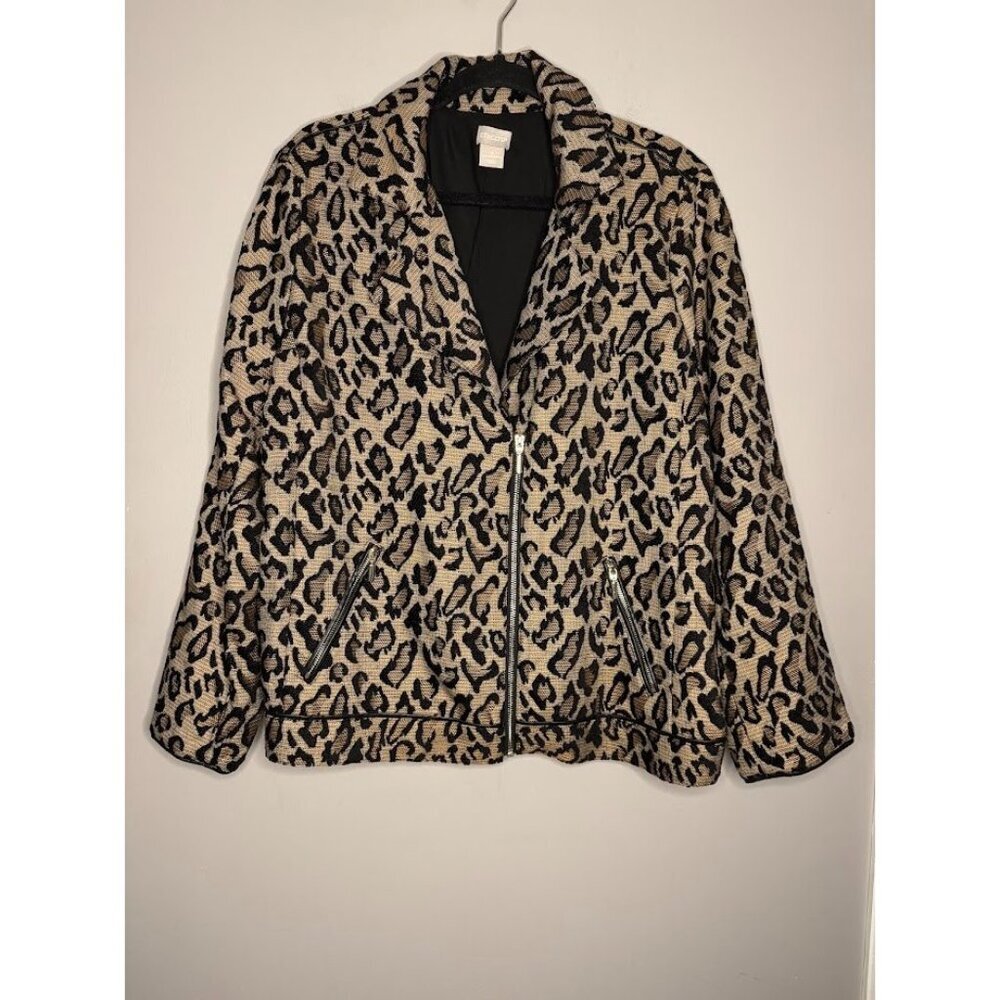 Chico's Women Jacket Size 2, US 12, L, Leopard Moto Jacquard Animal Print Edgy - Picture 1 of 9